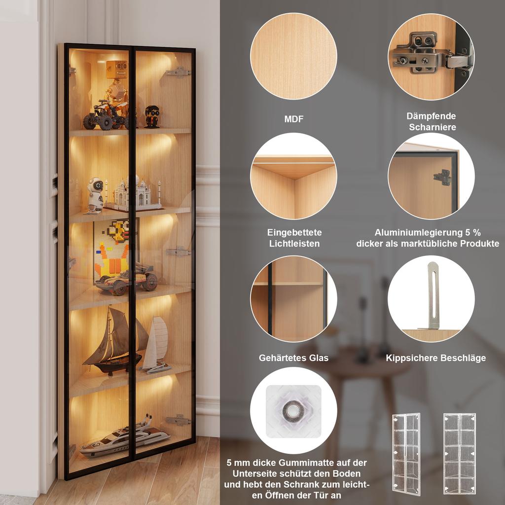 LED glass cabinet 62x35x160cm – oak exterior, light strip, dust-proof, tempered glass, corner cabinet with door – bookshelf, wine cabinet