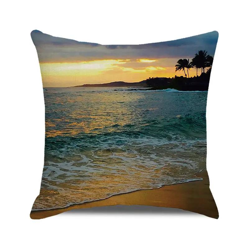 Blue Ocean Style Square Cushion Cover 45x45 cm Beach Coconut Grove Sunset Scenery Print Pillowcase Home Decor Linen Pillow Cover