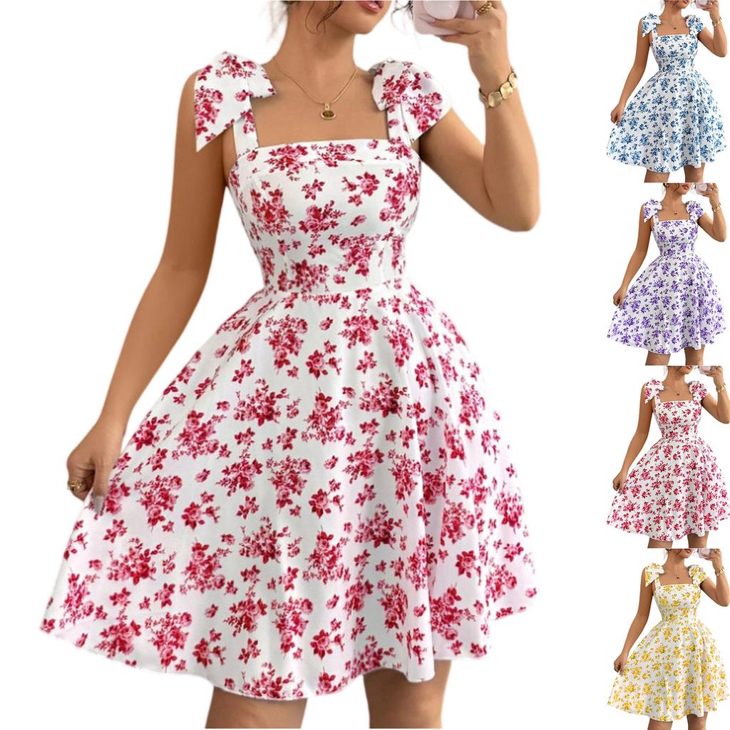 Sleeveless Square Neck Floral Print Dress with Shoulder Straps and A Line for Women Casual Wear