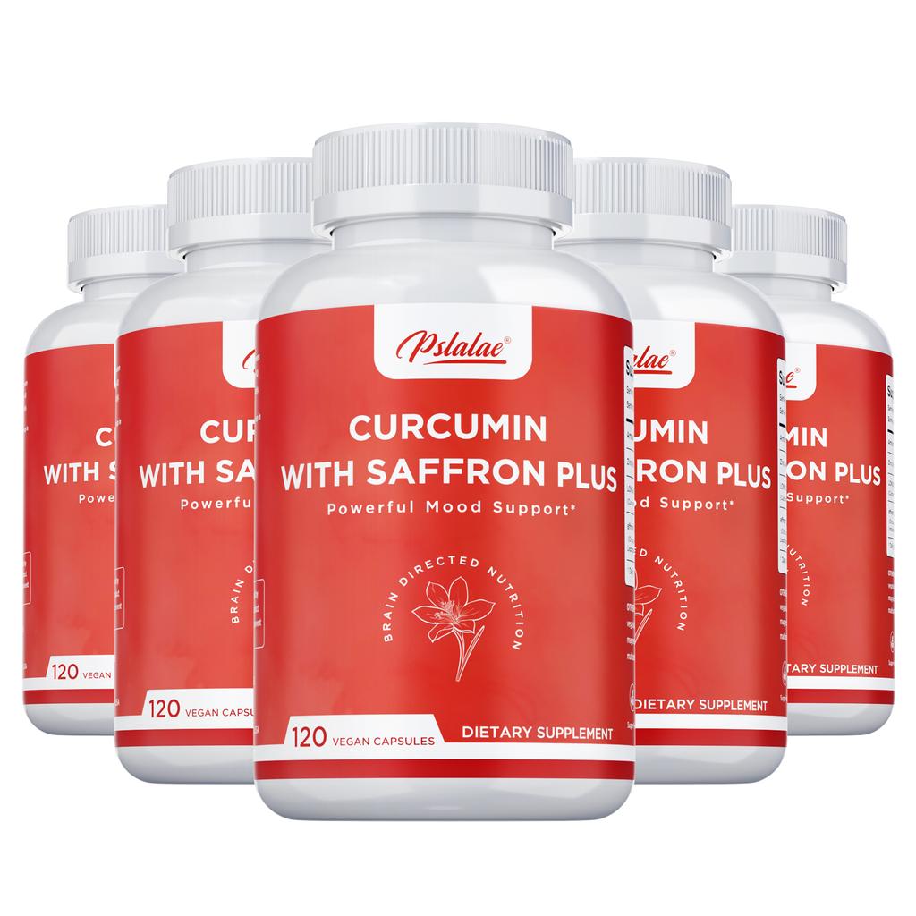 Curcumin capsules with zinc and saffron extract; supports mood regulation and boosts daily vitality; suitable for adults.