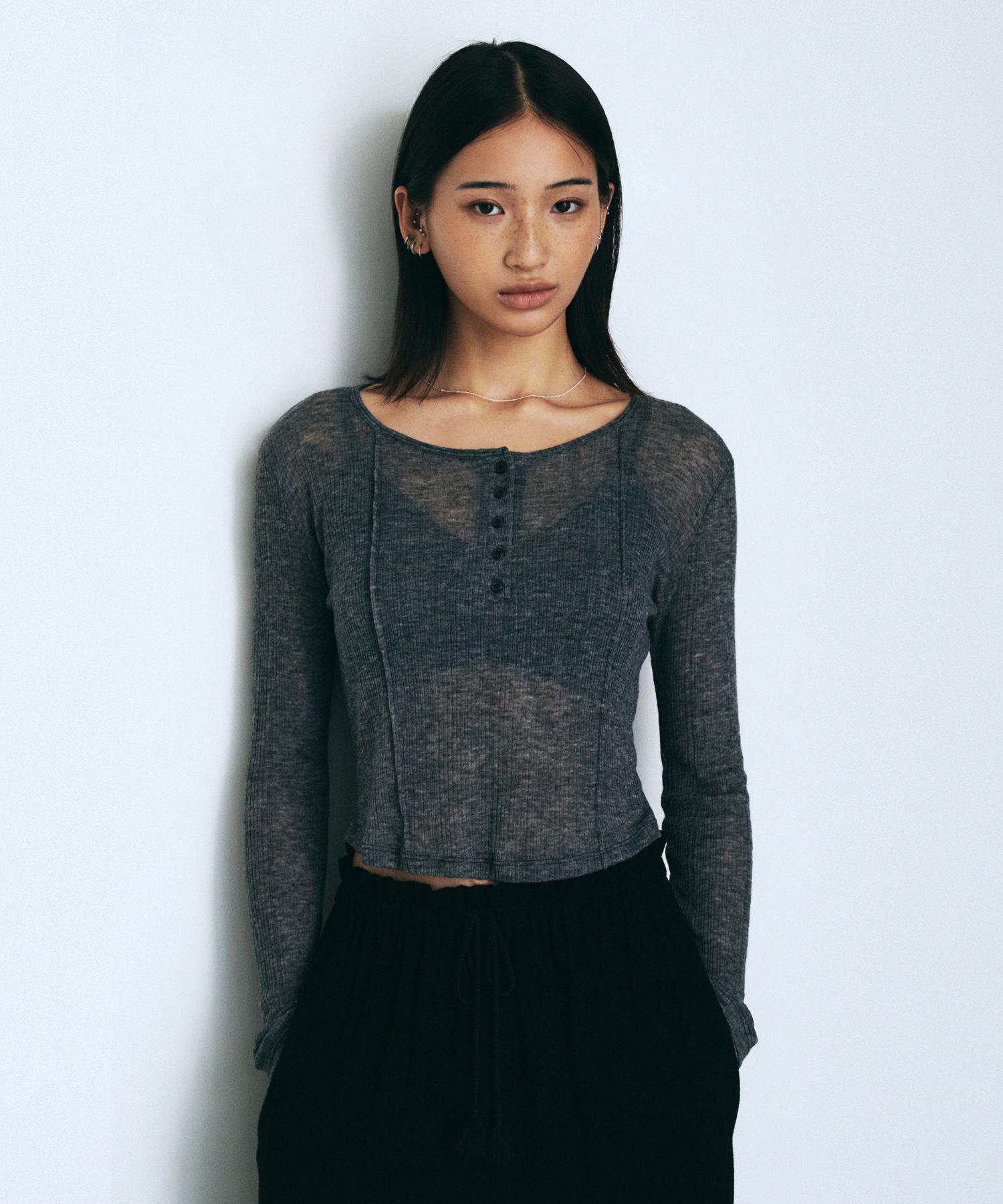 Nive See-Through Button Slim T-Shirt (Melange Gray) Free