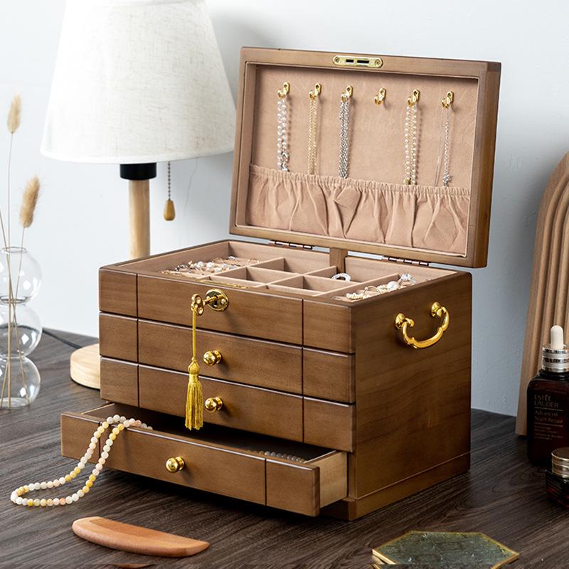 Exquisite Vintage Solid Wood Jewelry Box with Lock for Necklaces, Earrings, and Rings