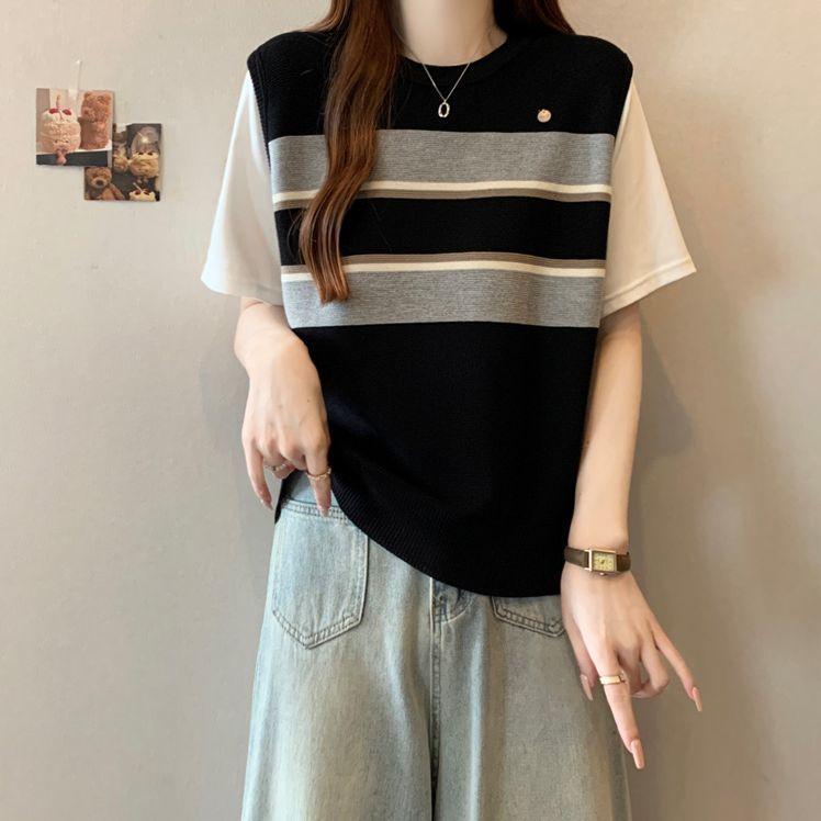 

Летняя модная повседневная универсальная футболка с короткими рукавами и круглым вырезом в стиле пэчворк из двух частей для верхней одежды One size чёрный