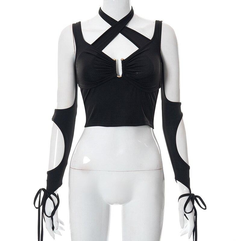 

Harajuku Hollow Out Sexy 2022 Блузки Літній одяг Футболки для жінок Топ Жіноча футболка Жіноча футболка Короткі топи Футболка M чорний