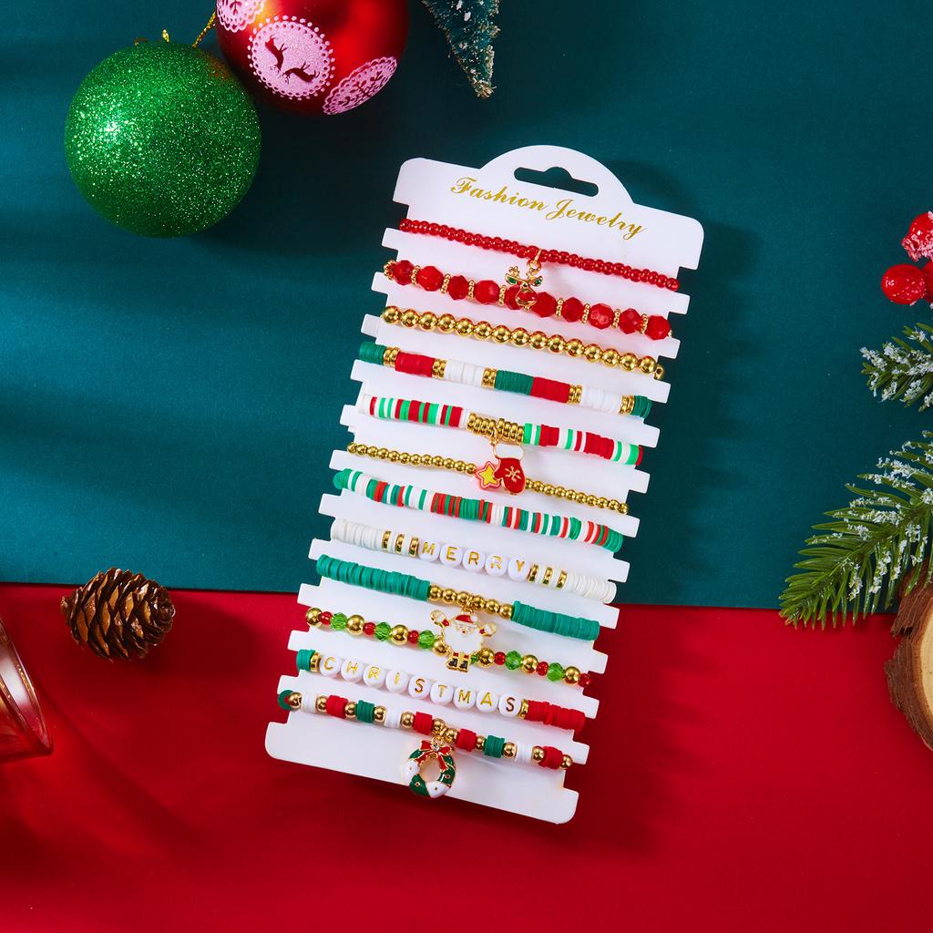 12pcs Christmas Bracelet Set Colorful Soft Clay Crystal Beads Santa Claus Tree Pendant Bangle Party Jewelry Xmas Gifts for Girls