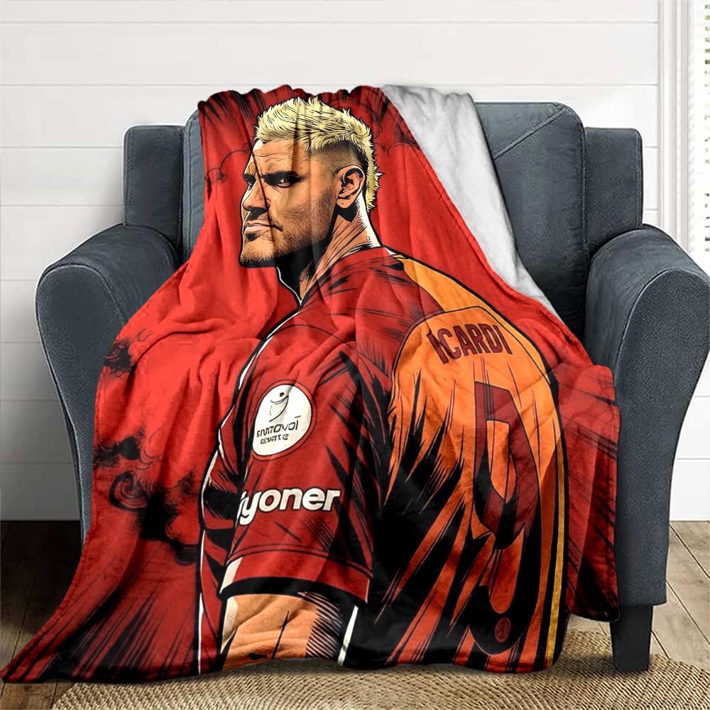 Red Comic Style Football Player Portrait Print Flannel Throw Blanket, Soft Warm Cozy Bed Sofa Cover for Sports Fan Home
