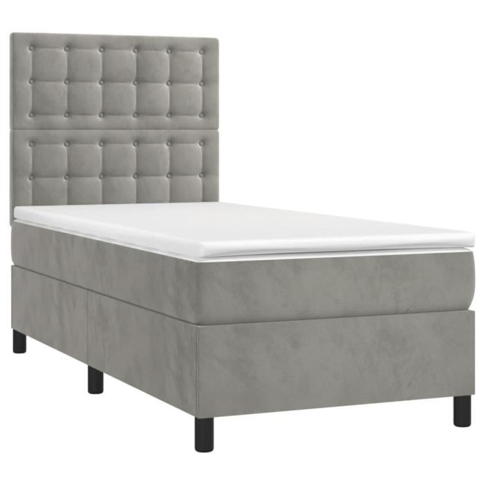 3143247 vidaXL Lit à sommier tapissier et matelas Gris clair 100x200cm Velours