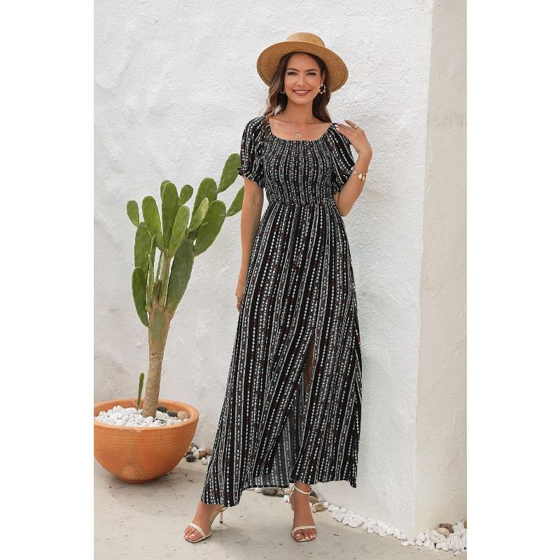 Šaty s potiskem svislých pruhů s rozparkem v pase, šaty na jedno rameno, prázdninové ležérní šaty