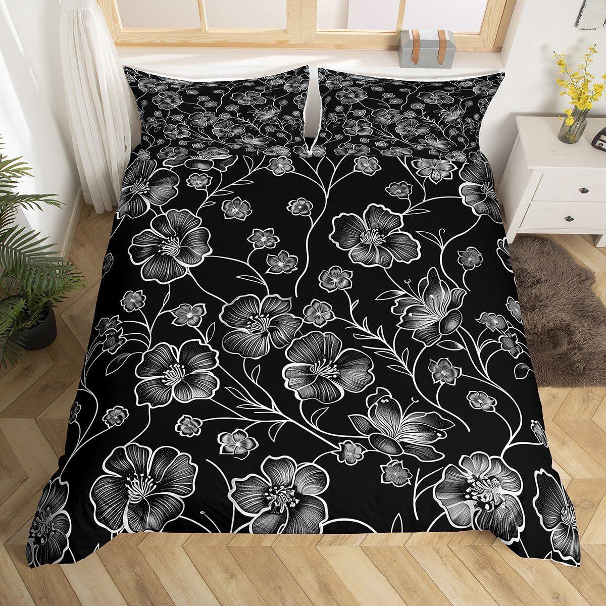 Black and White Floral Down Comforter Set Bedding Set 3-piece Coverlet Set 135*200cm