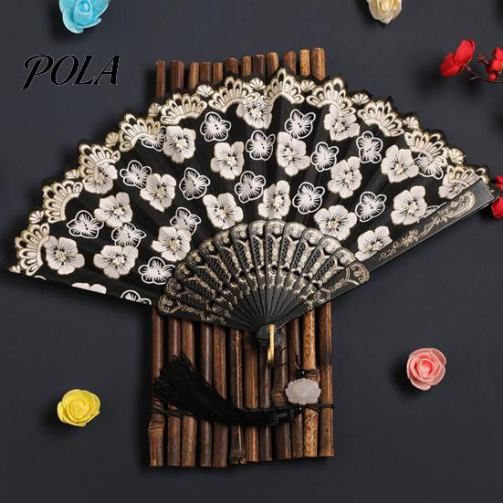 Flower Patterned Fan Retro Lace Folding Portable Lightweight Chinese Dance Handheld Cherry Blossom Compact Travel Pattern Elegant Women's with Tassel