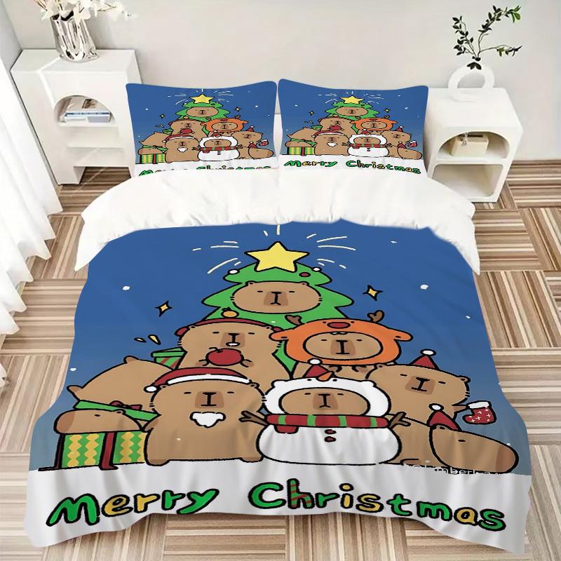 3pcs Christmas Capybara Bedding Set - 1 Duvet Cover + 2 Pillowcases(Core Not Included), Machine Washable Polyester yy251216160