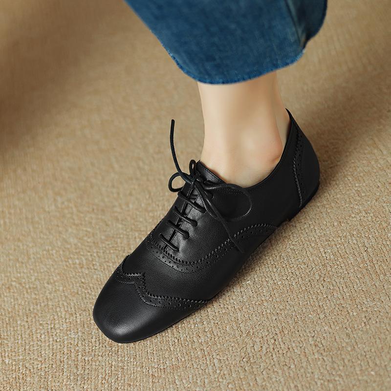 Fashion 2025 Women's New Spring Autumn Square Headed Genuine Leather Carved Lace Up Customized Large Low Heel Fashion Black Single Shoes