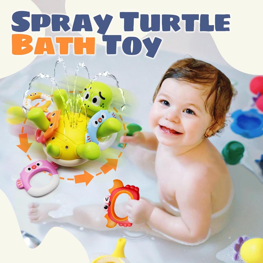 Non-Toxic Baby Bath Toys Rechargeable Turtle Bath Toy Sprinkler For Kids Toddler With 5 Rings Bathtub Fountain Spray Toy Mold Gifts