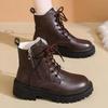 Women Genuine Leather Ankle Boots Zipper Short Plush Brown Women's Ankle Boots Platform Thick Heel Motorcycle Boots Women Shoes