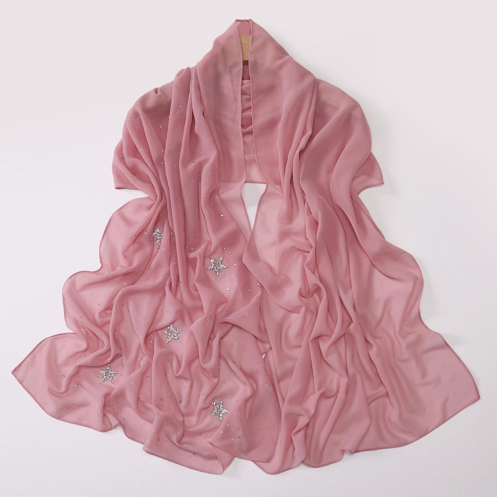 VigoAnne 2025 Lady Muslim Pentagram Hot Stamping Hijab Shawls Women Plain Scarf Chiffon Solid Islamic Turban Headband 175cm*70cm