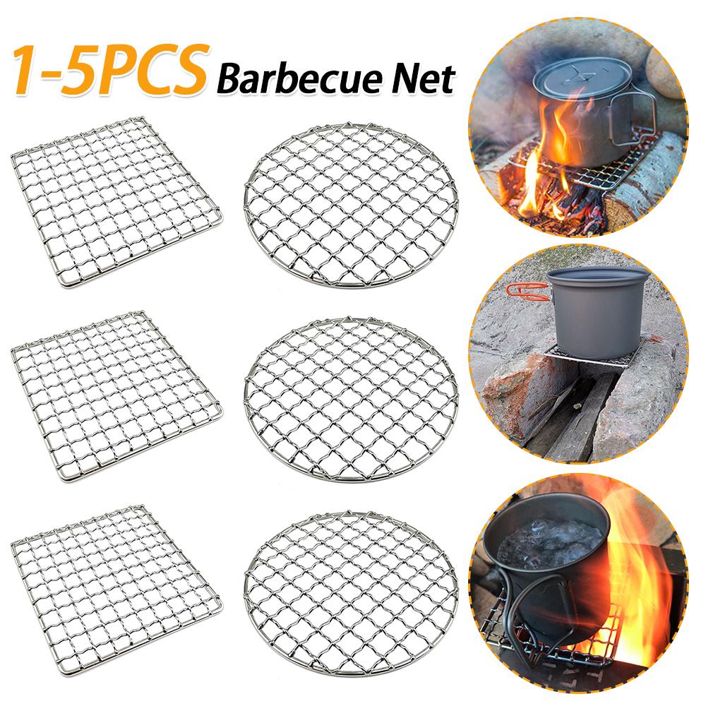 1-5PCCamping Grill Grate Stainless Steel Mesh Grill Bushcraft Grill Camping Rack for Fire Cooking BBQ Backpacking Campfire Rated