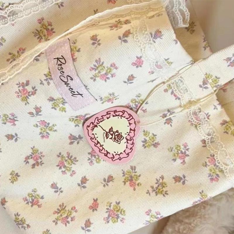 Large Capacity Fragmented Flowers Pattern Tote Bag  Sweet With Lace Bow Storage Handbags Canvas Handbag