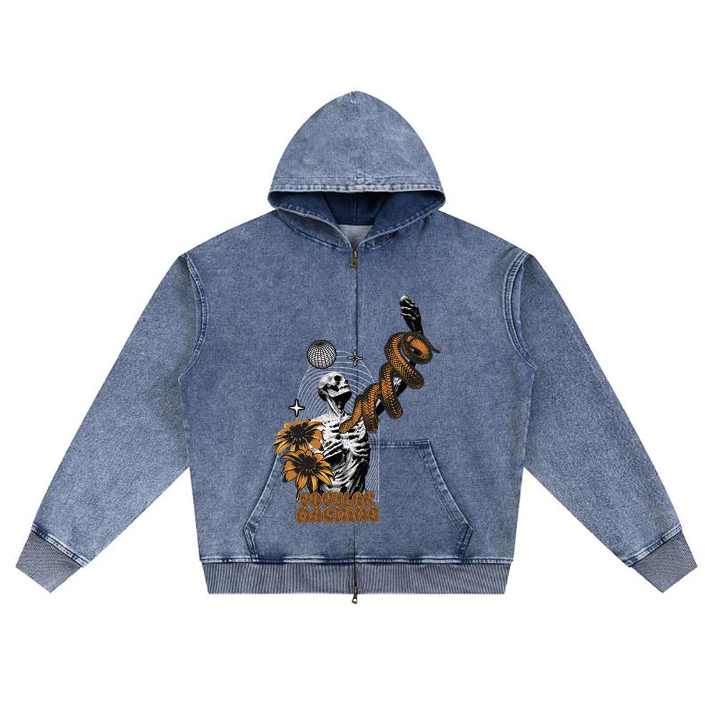 DTG Print Knitted Denim Zip-Up Hoodie Popular Machine Brother Print Zipper Hoodies