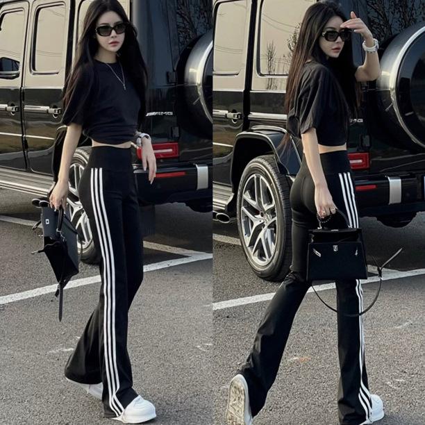 Women's Black High Waist Elastic Flare Pants - Slimming, Hip-Lifting, Shark Sports Design