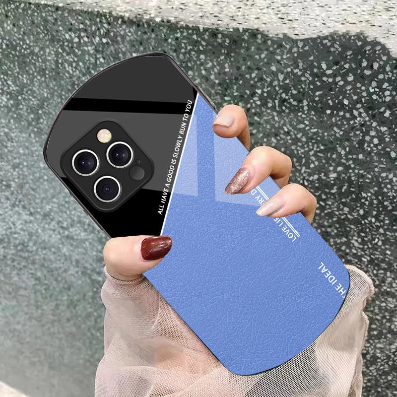 Leather Element Blue For IPhone 16e 16 Pro Max 11 12 Mini 13 14 P Lus 15 Plus 7 8 Se 2020 Elliptical Tempered Glass Phone Case