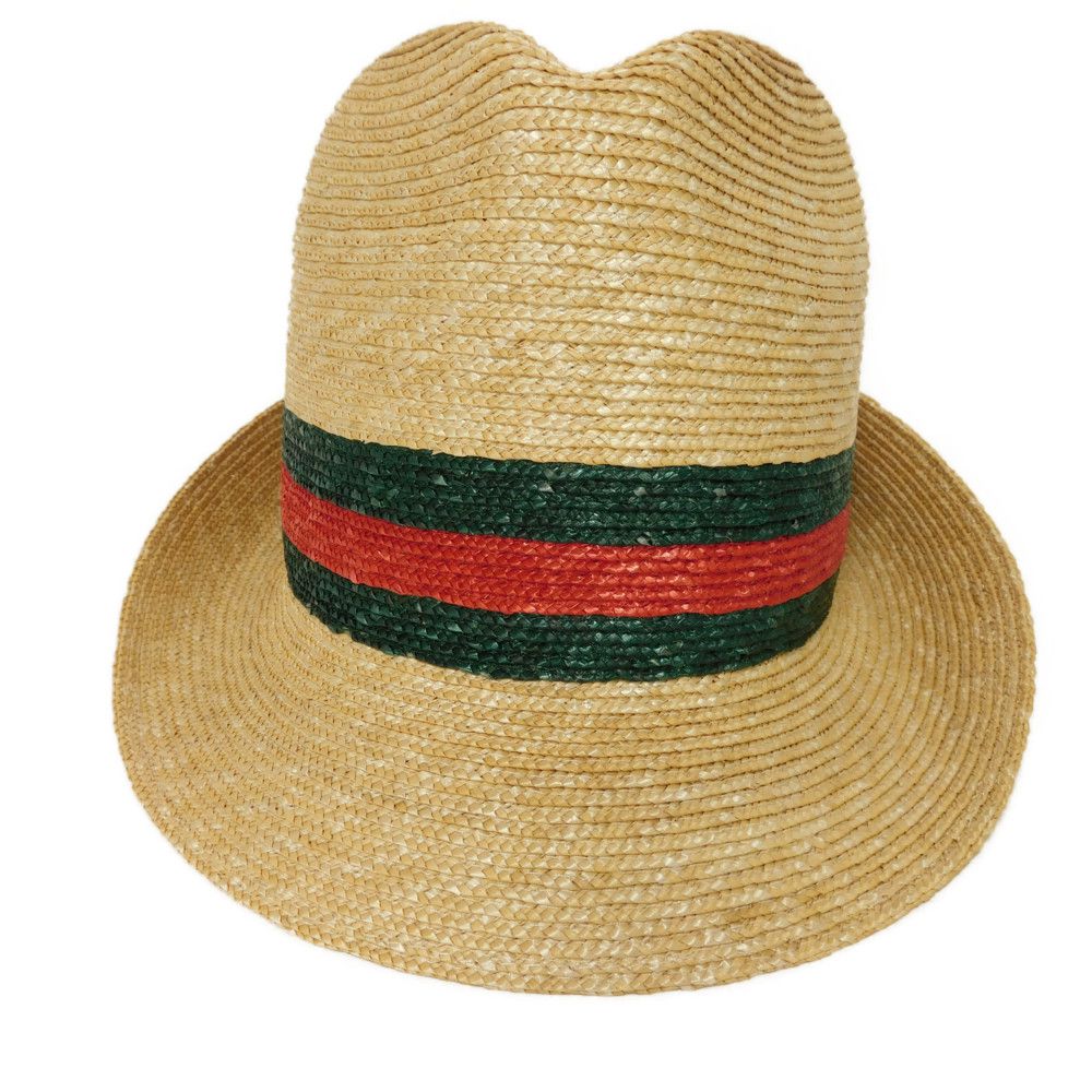 Used 9539 Woven Straw Hat 434760 K0M00 9666 7919 Sherry Green Red Straw Medium 22.4" Unused Web Stripe Natural Women's