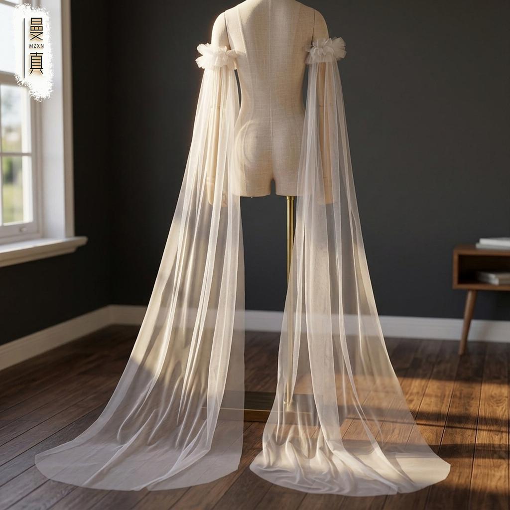 Detachable Off Shoulder Ruffle Tulle Long Train Arm Sleeves Maxi Floating Sheer Bridal Cuffs For Strapless Mermaid Wedding Gown Photoshoot
