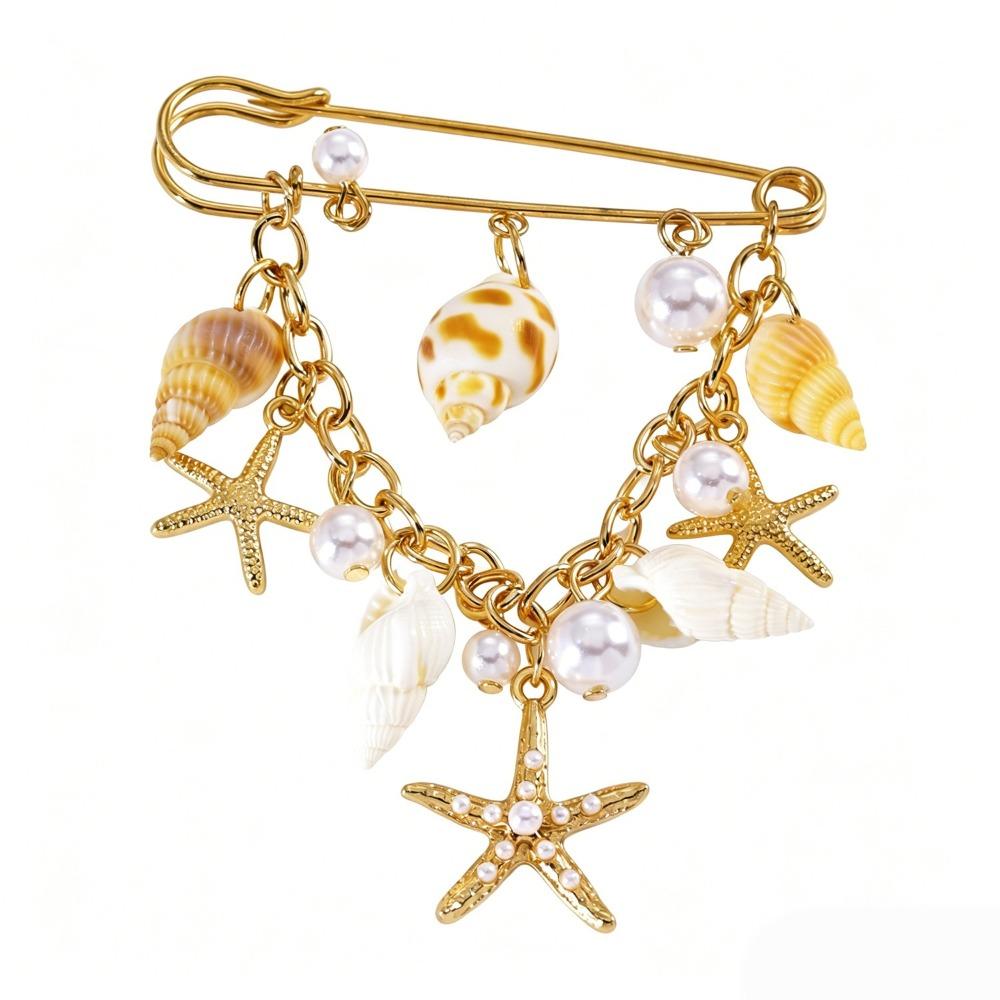 Gold Color Shell Pendant Brooch Metal Chain Tassel Starfish Brooch Pin  Beach Vacation