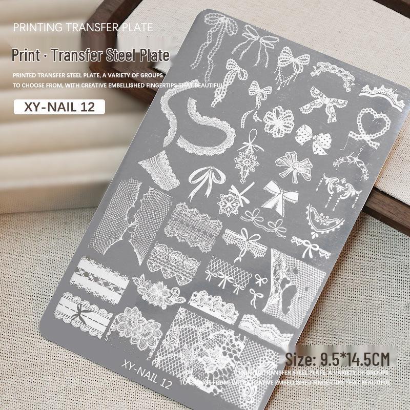 Płytka do stemplowania zdobień paznokci - Wzory koronki, motyla, róży, kwiatowe, wstążki, kok z silikonowym stempelkiem