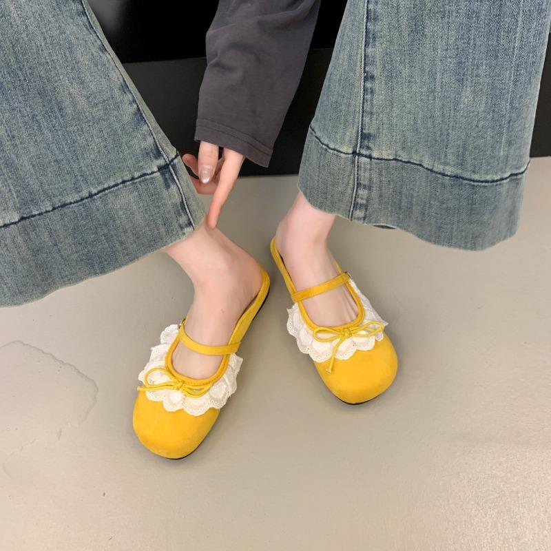 

Retro lace Mary Jane shoes women s spring and summer new temperament shallow mouth half drag with skirt tide 40 жёлтый