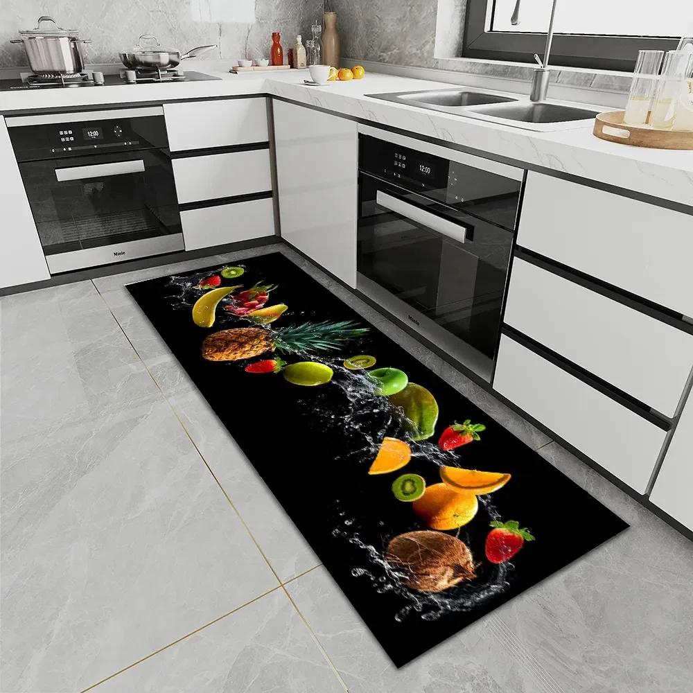 Kitchen Theme Food Pattern Long Runner Mat Anti Slip Oil Proof Waterproof Soft Durable Home Decoration Carpet for Cooking Area