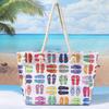 Women Canvas Beach Tote Bag Large Capacity Summer Shoulder Bag Zipper Closure Travel Shopping Handbag