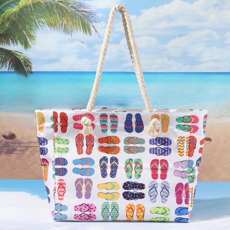 Women Canvas Beach Tote Bag Large Capacity Summer Shoulder Bag Zipper Closure Travel Shopping Handbag