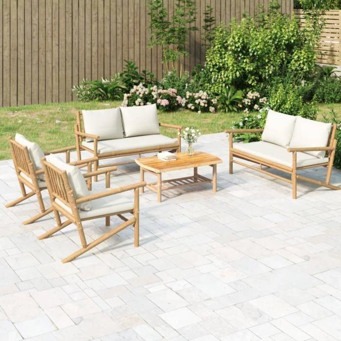VidaXL Salon de jardin 5 pcs avec coussins blanc crème bambou 3156475