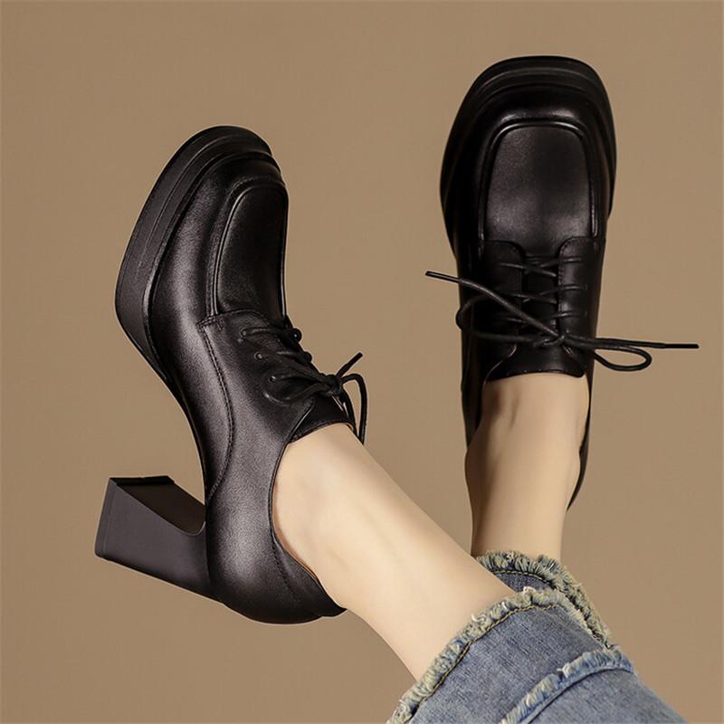Fashion 2025 New Spring/Autumn Square Toe Chunky Heel Genuine Leather Women Pumps Lace Loafers Shoes for Women Ladies Shoes High Heels