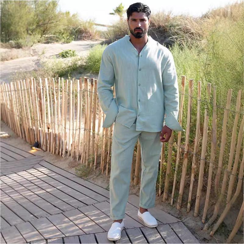 Cross-border European and American Sports Suit Men's Linen Autumn Casual Suit Long-sleeved Fashion Tooling Trousers Foreign Trade Two-piece Set