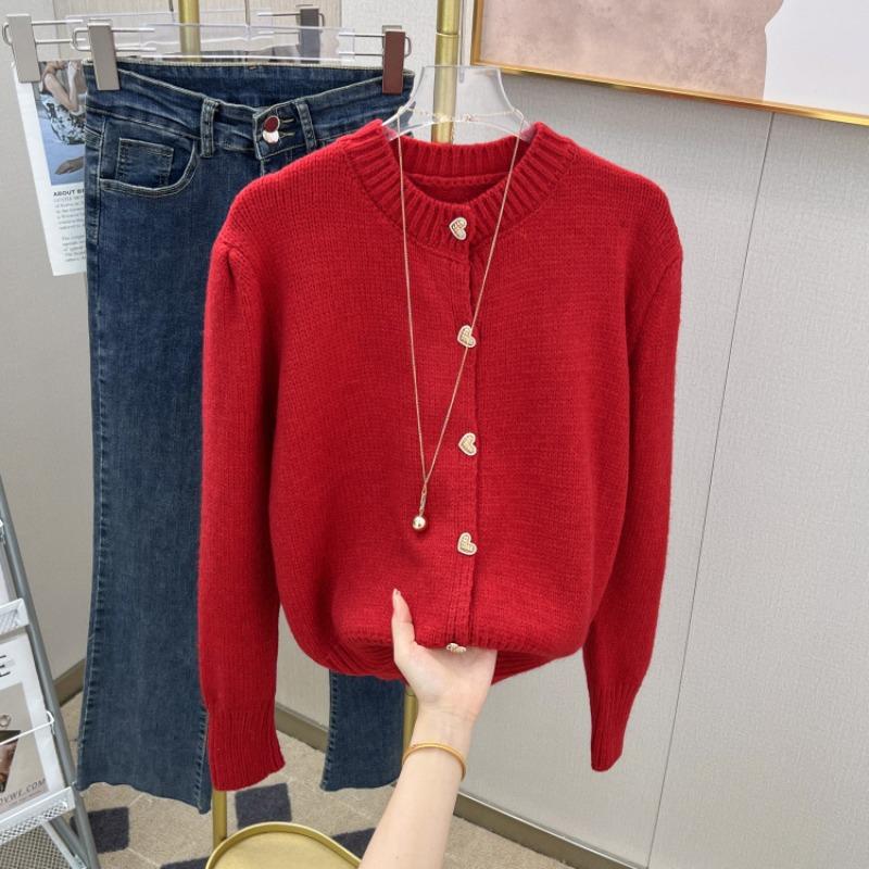 Soft glutinous love buckle knitted cardigan women's autumn and winter thickened gentle wind sweater jacket high-end top
