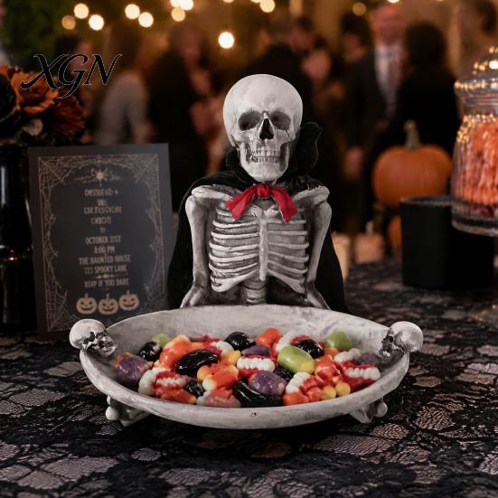 Halloween Party Supplies Skeleton Decorative Tray, Gothic Storage Tray with Black Cape Red Desktop Jewelry Organizer Bow, Multifunctional for