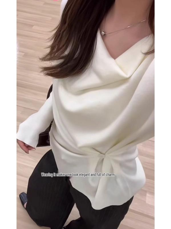 Women's 2025 Slim-Fit Batwing Sleeve Knit Top - Irregular Design for Early Autumn