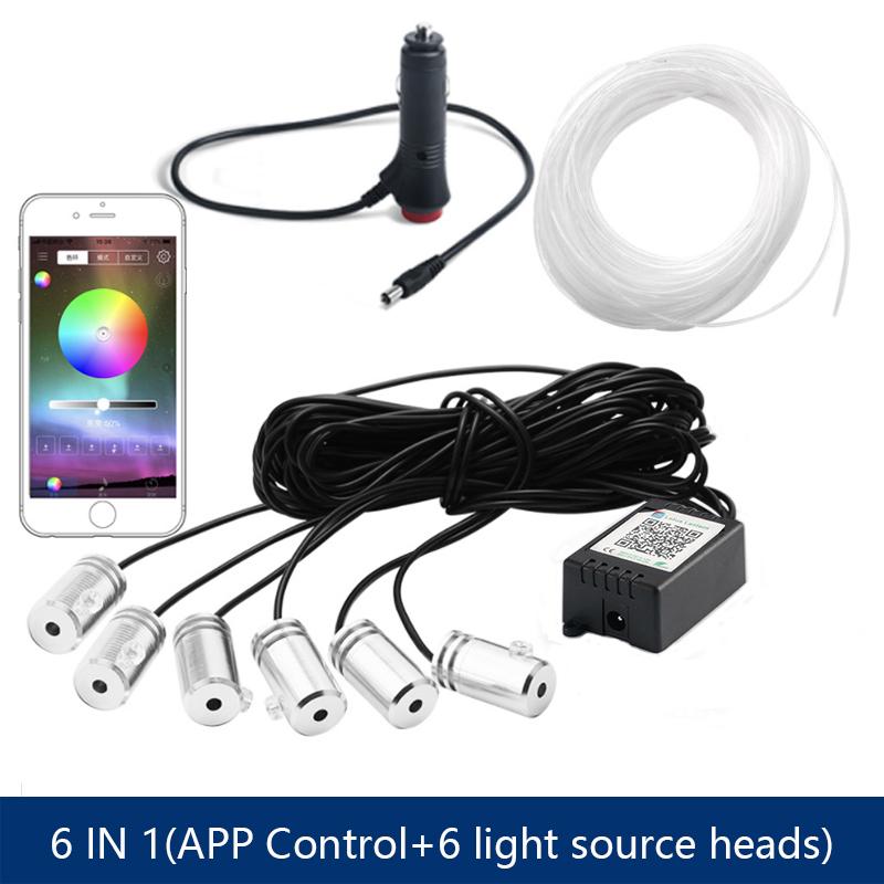 6 in 1 LED Atmosphere Car Light RGB Flexible Decorative Lamp 8M Interior Ambient Light by App Control Fiber Optic Strips Light