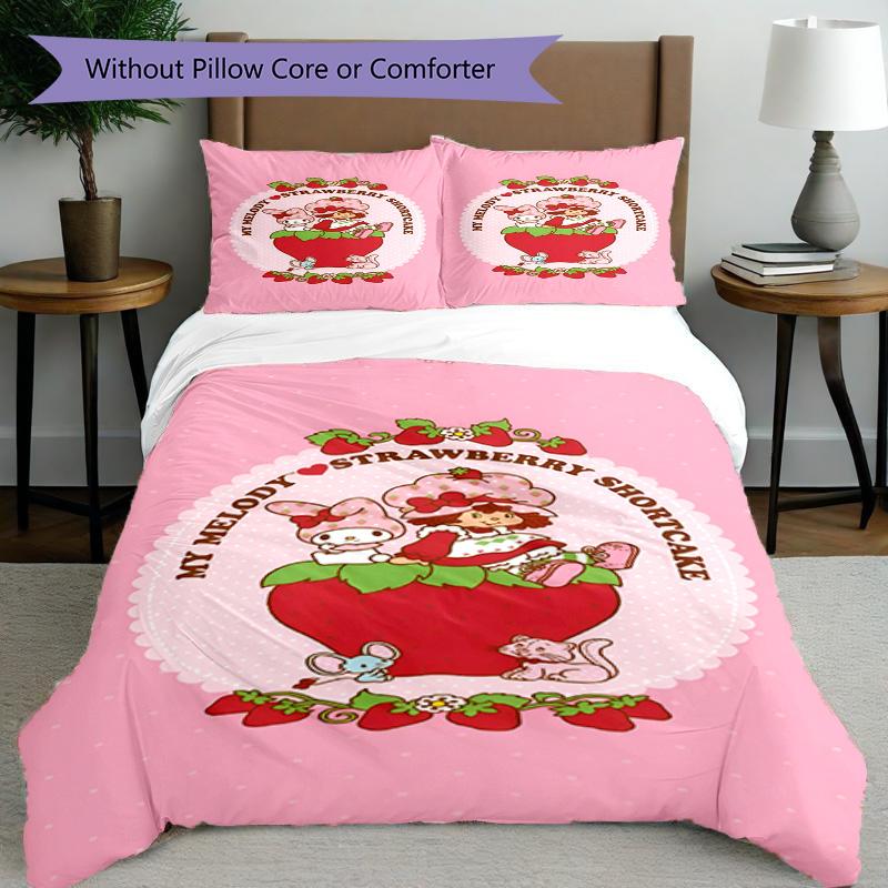 Set cuvertură de pilota 3 buc (1 * Husă de pilota + 2 * Față de pernă, Fără Miez), Set de așternut cu imprimeu Strawberry Shortcake, Decor pentru dormitor, Pentru toate anotimpurile, Cadou de ziua de naștere