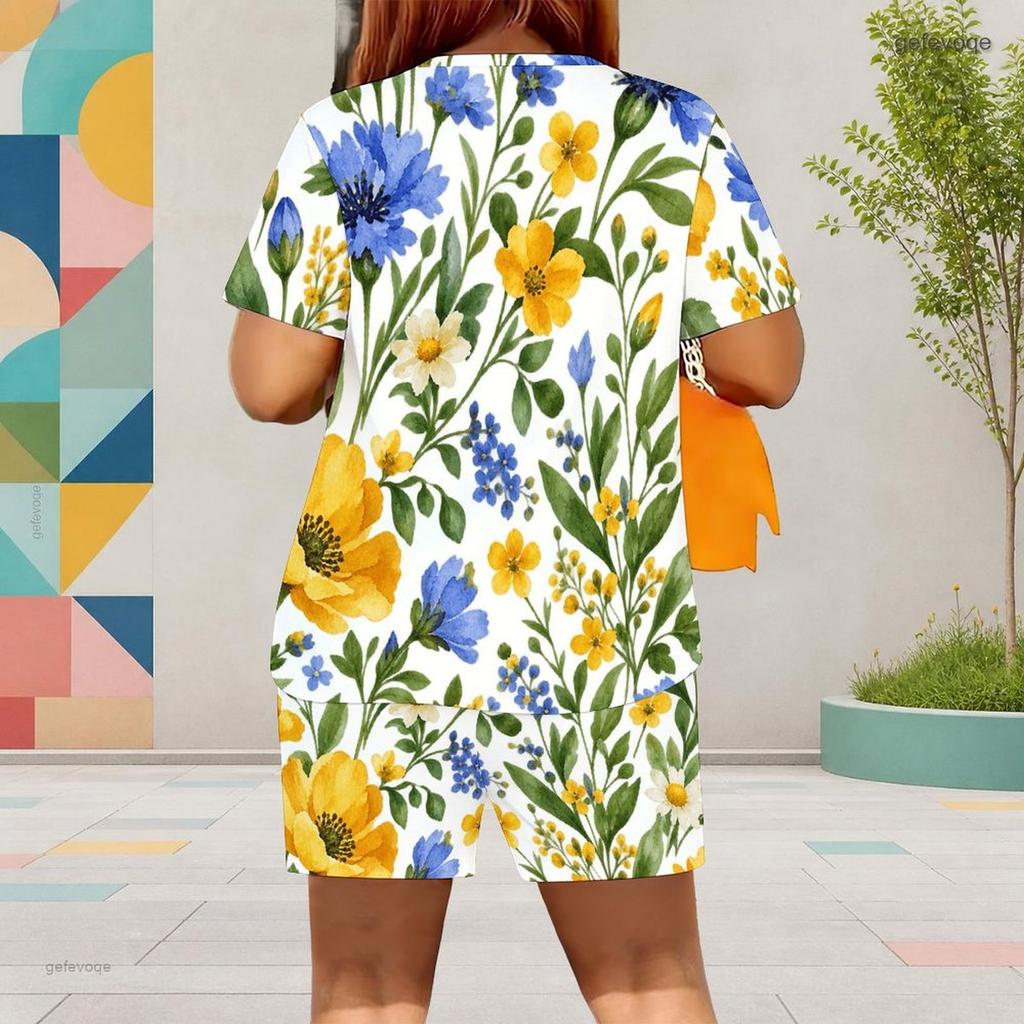 Women Plus Size Yellow White Printed Round Neck Short Sleeve Top Pocket Shorts Two Piece Set