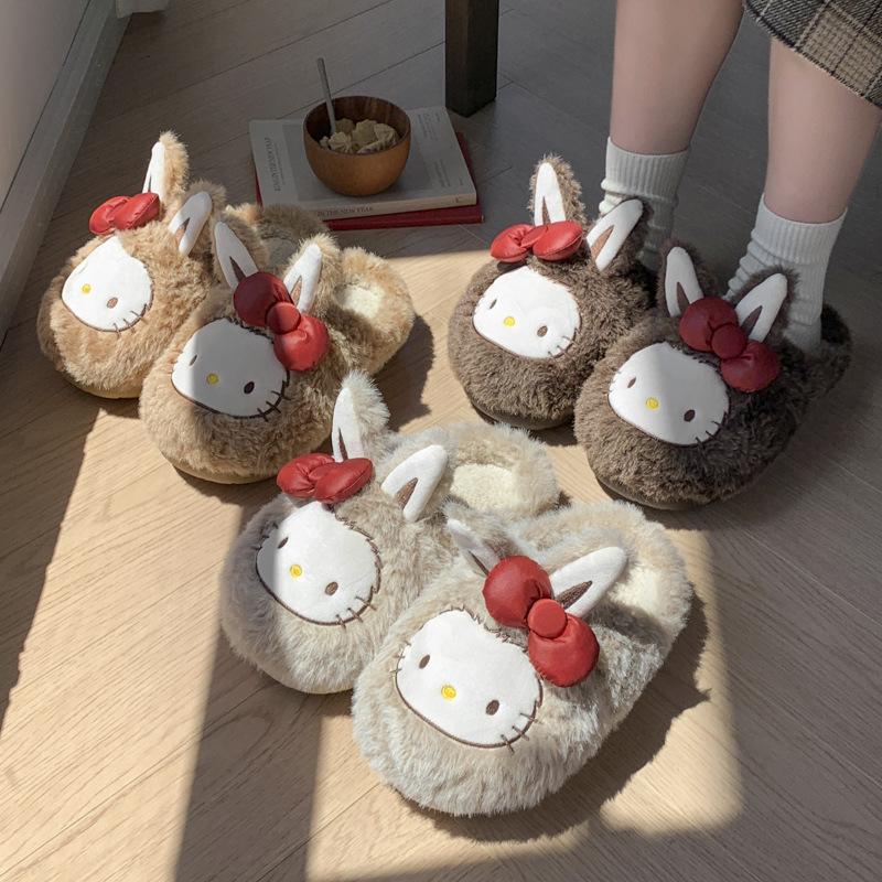 New Cute Rabbit-eared Cat Bow Plush Slippers Winter Indoor Household Plush Warm Non-slip Cotton Slippers