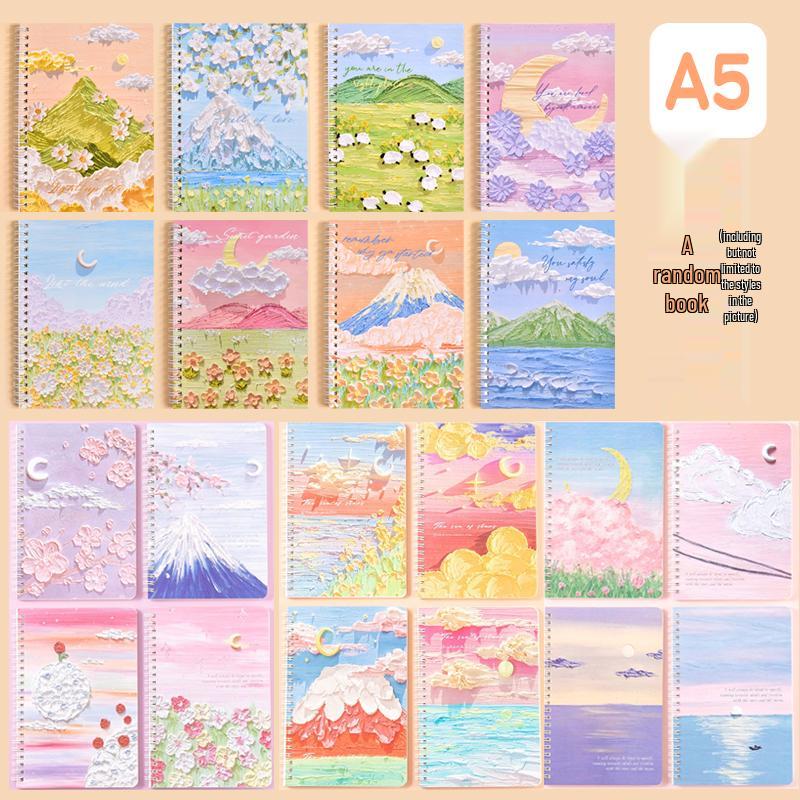 Cartoon Oil Painting A5 Side-Bound Lined Notebook - Cute, Thick, Student-Friendly