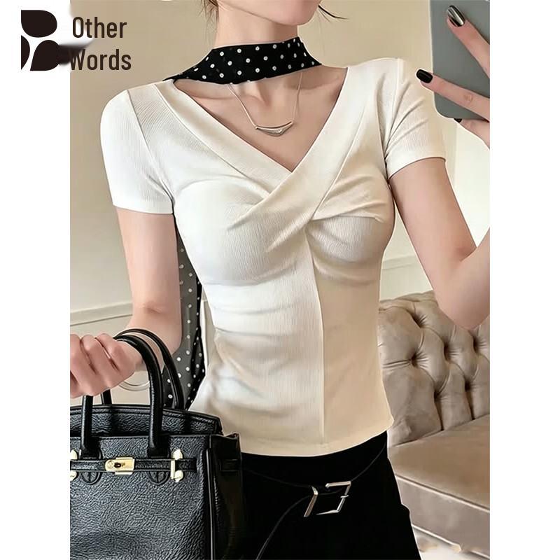 Women s Ribbed Deep V Twist Knot Slim Fit Top M белый