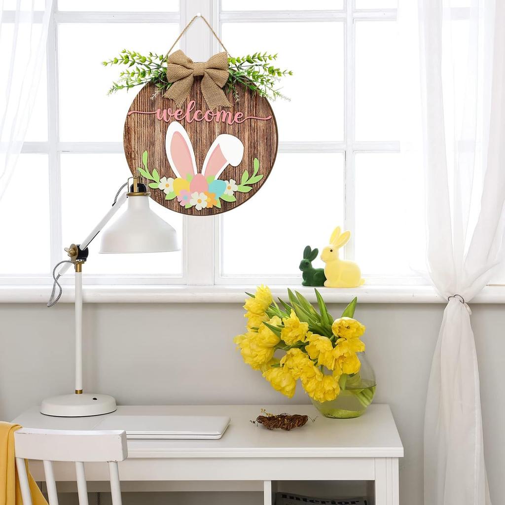 Easter Wooden Hanging Sign Rabbit Welcome Door Hanger Rustic Easter Wooden Wreath Sign Farmhouse Window Door Decoration