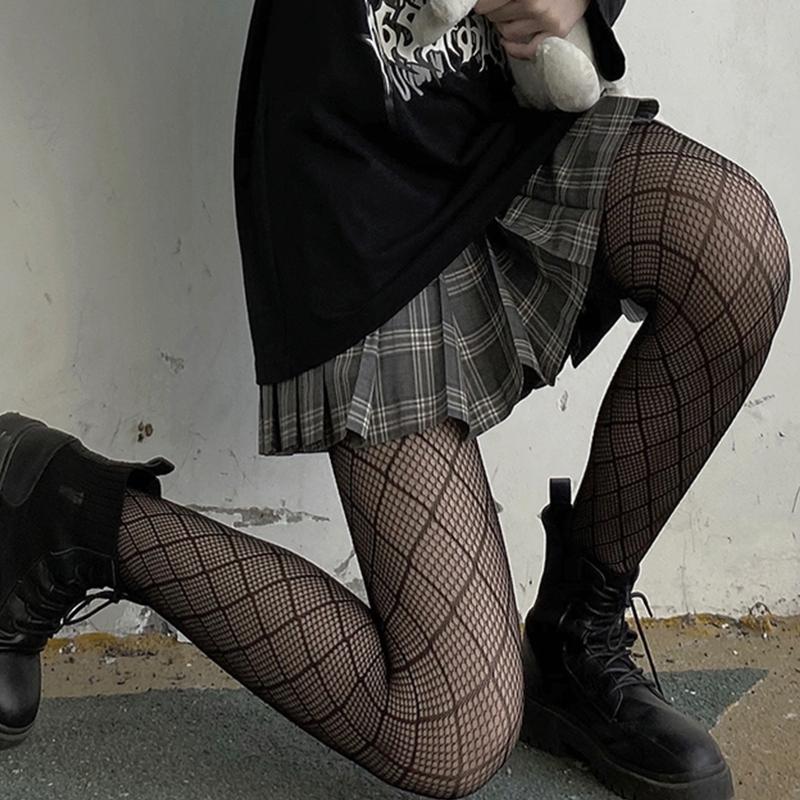 Women Diamond Rhombus Stockings Retro Sexy Hollow Out Stocking Black Pantyhose Nylon Patterned Socks Fishnet Tights