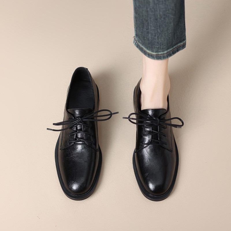 Отличные ретро-коричневые маленькие кожаные туфли для женщин, универсальные, на низком толстом каблуке, в студенческом стиле, для ношения поверх одежды, на шнуровке, из мягкой кожи 40 чёрный