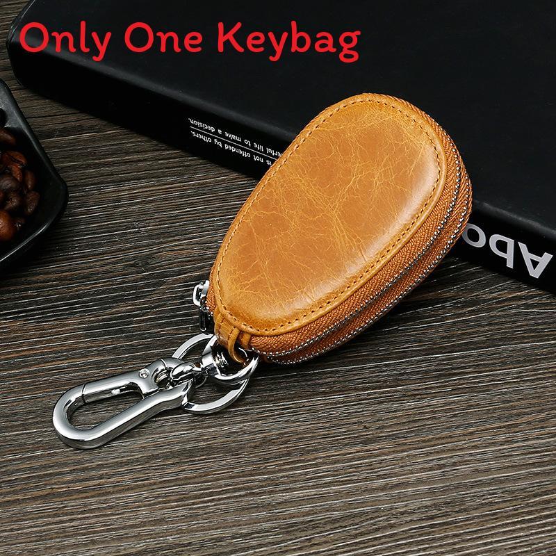 Leather Car Key Case With Double Zipper For Daily Use In Vintage Retro Style