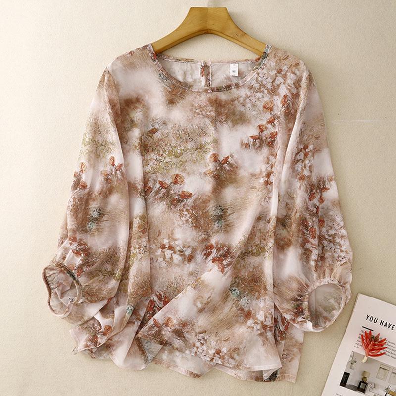 

Women s Summer 2025 Polyester Loose Round Neck Top with Three-Quarter Lantern Sleeves Large розовый