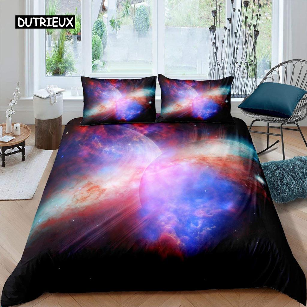Aurora Påslakanset Galax Sängkläder Lila Stjärnklar Himmel Täcke Ytterrymden Universum Astronaut Täckesöverdrag för Barn